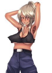 armpit_hair armpits blush breasts covered_nipples crop_top dark-skinned_female female large_breasts looking_at_viewer mole mole_on_breast mole_under_eye mutsuki_yamato navel original smile solo sweat