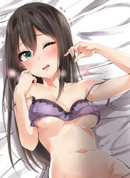 bare_shoulders blush bra breasts brown_hair cleavage collarbone cum cum_on_body facial female green_eyes hair_between_eyes highres idolmaster idolmaster_cinderella_girls long_hair lying medium_breasts murabito_c navel on_back on_bed one_eye_closed open_mouth purple_bra shibuya_rin solo strap_slip tearing_up trembling underboob underwear waist wavy_mouth