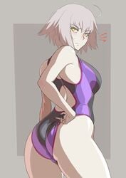 ass blush bob_cut breasts cleavage fate_(series) female female_only from_behind jeanne_alter looking_at_viewer looking_back mikoyan one-piece_swimsuit solo swimsuit