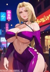 1girls ai_generated alternate_costume amiral_ai artist_name bare_legs bare_midriff bare_shoulders big_breasts blonde_hair blush boruto:_naruto_next_generations breasts brown_eyes busty center_opening child_bearing_hips choker clothing collar commentary cowboy_shot curvaceous curvy curvy_body curvy_female curvy_figure facial_mark fancy fancy_clothing forehead_mark gilf high_resolution hourglass_figure huge_breasts large_breasts light-skinned_female light_skin long_sleeves looking_at_viewer mature mature_female mature_woman midriff milf mommy naruto naruto:_the_last naruto_(classic) naruto_(series) naruto_shippuden night no_bra no_bra_under_clothes oppai outdoors patreon_username people_in_background pinup revealing_clothes revealing_dress shiny shiny_hair shiny_skin smile smooth_skin solo street sweat text tsunade twintails url very_long_hair voluptuous voluptuous_female web_address wide_hips