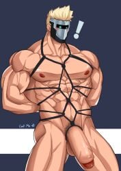 abs balls bara biceps big_balls big_penis blonde_hair bondage callmea_(artist) male male_nipples male_only mask masked masked_male muscular_male nipples nude pecs penis silvyspark