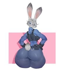 big_ass big_butt blue_eyes bunny_ears bunny_tail clothing disney female furry grey_fur hands_on_hips hourglass_figure inputwo judy_hopps looking_at_viewer looking_back police_uniform thick_thighs thin_waist wide_hips zootopia