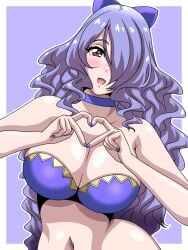 1girls :d bare_midriff bra breasts camilla_(fire_emblem) choker cleavage female female_only fire_emblem fire_emblem_fates hair_over_one_eye heart_hands inabakun00 large_breasts long_hair looking_at_viewer midriff nail_polish navel nintendo open_mouth pink_eyes purple_bra purple_hair purple_nails smile solo underwear upper_body very_long_hair wavy_hair wide_hips