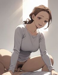 1boy1girl ai_generated bottomless brown_eyes brown_hair cowgirl_position forehead large_breasts mature_female morning_sex no_pants pubic_hair sunlight supergetthi t-shirt tied_hair