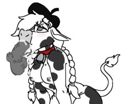 anthro balls bell_collar beret bovine braided_hair breasts cattle collar cum cum_in_mouth cum_inside dairy_air disembodied_penis fellatio female hair hat hijackerdraws hijackerdraws_(artist) male mammal mascot nipples nude oral penis sex