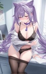 ai_generated embarrassed genshin_impact keqing_(genshin_impact) lingerie looking_away medium_breasts open_shirt pantyhose_down twitter_username watermark white_shirt