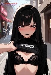 1boy ai_generated angry black_hair black_lips black_lipstick bra brown_eyes earrings faceless_male femboy flat_chest goth goth_boy gothic high_resolution highres ilfb long_hair looking_at_viewer more_at_source original original_character otoko_no_ko public public_humiliation public_indecency public_use shy standing trap yaoi