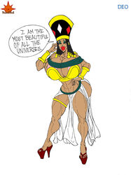 1girls abs big_ass big_breasts bimbo dark-skinned_female dark_skin deoarts dragon_ball dragon_ball_super edit egyptian english_text female female_only full_body goddess_of_destruction helles high_heels hourglass_figure huge_breasts muscular muscular_female red_lipstick solo sun1sol text third-party_edit