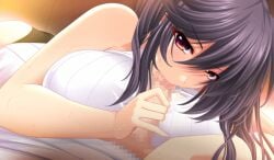 1boy 1girls animated atelier_kaguya black_hair blush breasts brown_eyes censored eyeliner fellatio game_cg huge_breasts large_breasts long_hair looking_at_viewer onee-san_x_shuffle! oral penis pov pov_eye_contact shirt suzuki_kasumi_(onee-san_x_shuffle!) takao_aya white_shirt