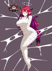 2girls blue_eyes bondage bound cocoon gag gagged hakos_baelz hololive hololive_english horn imbsengirl irys long_hair mummification pointy_ears red_eyes red_hair restrained spider spider_girl spider_web sweat tied tied_up virtual_youtuber web web_bondage web_gag