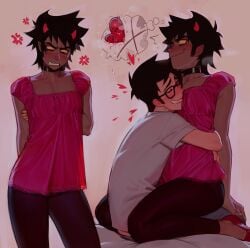 2boys alien angry black_hair black_hair_male blush clothed clothed_male colored_skin crossdressing crossdressing_male drooling femboy gay glasses grey_skin homestuck homestuck_troll horn horns hugging john_egbert karkat_vantas lacryboy male sfw short_hair short_hair_male troll yaoi