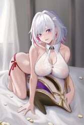 absurdres all_fours bare_legs bare_shoulders barefoot blush breasts coin collarbone curtains detached_sleeves female gloves hair_between_eyes highres honkai:_star_rail honkai_(series) jewelry large_breasts leaning_forward looking_at_viewer nipples numby_(honkai:_star_rail) on_bed panties parted_lips purple_eyes red_panties see-through see-through_shirt shen_yangyang shirt short_hair shorts smile thigh_strap topaz_(honkai:_star_rail) trotter_(honkai:_star_rail) underwear white_hair white_shirt