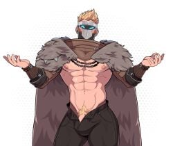 bara biceps big_bulge blonde_hair bulge bulge_through_clothing clothing geckobara male male_nipples male_only male_pubic_hair mask masked masked_male muscular_male nipples pecs penis silvyspark