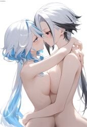 2girls ai_generated arlecchino_(genshin_impact) black_hair blue_eyes blush breast_press breasts female female_only freshy_kanal furina_(genshin_impact) genshin_impact hug medium_breasts nai_diffusion naked nude nude_female stable_diffusion symbol-shaped_pupils two_tone_hair white_hair yuri