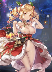 aisha_(king's_raid) bell_collar blonde_hair blush breasts dress drill_hair exhibitionism festive king's_raid large_breasts nipples no_bra nopan open_shirt pussy