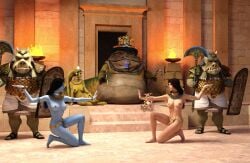 3d 3girls ancient_egypt blue_skin cathryne_(dazinbane) chiss cosplay crossover dazinbane diverse_harem emharet_(dazinbane) gamorrean green_skin harem harem_girl harem_outfit hutt interspecies jabba_the_hutt large_breasts medium_breasts naked nude nude_female oola pharaoh red_eyes salacious_crumb shield slave slave_collar slavegirl star_wars twi'lek