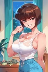 2d ai_generated bob_cut brown_hair indoors money nabiki_tendo night ranma_1/2 short_hair smile smirk table tagme tank_top white_tank_top window