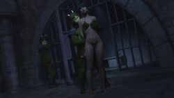 1girls 3d alexbridger dungeon gamorrean green_hair groping_from_behind hair_bun hourglass_figure minna_star_wars original_character slave slave_outfit slavegirl star_wars