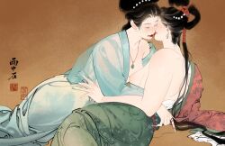 artstyle_imitation fine_art_parody foreplay kissing long_nails public_domain sbdlw shunga smudged_makeup sweat tagme traditional_media_(artwork) yuri