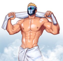 1boy abs armpits bara biceps blonde_hair himbo looking_at_viewer male male_nipples male_only mask masked masked_male mondoart muscular muscular_male nipples pecs silvyspark smile smiling_at_viewer solo solo_male wet