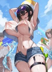 2girls black_hair bouncing_breasts breasts female female_focus huge_breasts kirome_(kamipaper) light-skinned_female light_skin original original_character outdoors wet wet_clothes