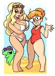 2girls alternate_costume beach bedroom_eyes big_breasts blonde_hair blue_hairband bottom_heavy breasts buried_in_sand charlie's_girlfriend_(smiling_friends) charlie_(smiling_friends) digital_media_(artwork) female flustered freckles freckles_on_face freckles_on_thighs funny_background_event glasses glep_(smiling_friends) marge_simpson_(smiling_friends) orange_hair ponytail purple_cap purple_hat red_lipstick red_swimsuit sand shades shades_above_head sideboob smaller_male smiling_friends spudinski-art sunglasses sunglasses_on_head swimsuit thick_thighs white_bikini white_border zoey_(smiling_friends)