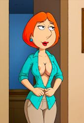 1girls ai_generated areola_slip areolae blouse breasts family_guy female female_only lois_griffin milf navel nipple_slip nipples no_bra pants solo solo_female