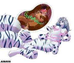 ainava anthro blush blushing_profusely breasts chakat collar collar_only duo endosoma felid felid_taur female fur gurgle_(sound_effect) hand_on_belly hi_res internal male mammal mammal_taur markings mustelid nipples nude otter pantherine predator/prey rumbling_stomach safe_vore snow_leopard striped_body striped_fur striped_markings striped_tail stripes tail tail_markings taur vore