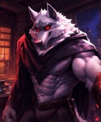 anthro biceps black_sclera bottomwear canid canis cloak clothing death_(puss_in_boots) detailed_background detailed_fur ears_up fur kuranoidss looking_at_viewer male mammal muscular muscular_male night nipples red_eyes smile solo solo_focus thick_neck white_body white_fur wolf