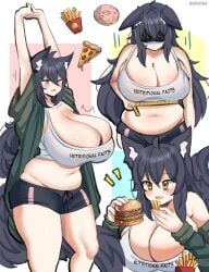 animal_ears animal_tail bags_under_eyes big_breasts black_hair booty_shorts burger chubby chubby_belly chubby_female commission depressed donut eating excited fries gike green_jacket huge_breasts long_hair measurements measuring measuring_waist messy_hair multiple_poses noiretox oc oerba_yun_fang pizza pizza_slice star_shaped_pupils stretching text_on_clothing tired tired_eyes weight_conscious white_top white_topwear wolf_ears wolf_girl wolf_tail yellow_eyes