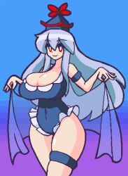 1girls :3 blue_hair busty cleavage female gensin hat huge_breasts keine_kamishirasawa large_breasts long_hair looking_at_viewer red_eyes smile solo swimsuit thick_thighs touhou