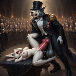 ai_generated anthro balls beastars big_balls big_penis bow_tie breasts canid canine canis cape cmnf cum cum_in_pussy epaulettes female gigantic_penis haru_(beastars) huge_balls huge_cock knot legoshi_(beastars) male male/female medal medals open_mouth penis penis_out_of_pants public pussy rabbit saggy_balls sex shoes tailcoat trousers vaginal_penetration veiny_penis waistcoat white_fur white_tie wolf