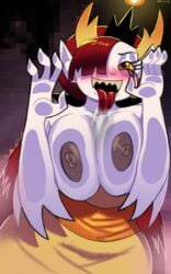 1girls against_glass areolae blush breast_press breasts breasts_on_glass breasts_out demon_girl dress erect_nipples female female_only glass hair_over_one_eye hand_on_glass hekapoo horns large_areolae large_breasts looking_at_viewer naughty_face nipples raftyverse red_hair saliva sharp_teeth smile solo star_vs_the_forces_of_evil tongue tongue_on_glass tongue_out white_skin