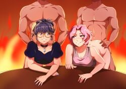 2boys 2girls bent_over_table blue_eyes blue_hair fire from_behind glasses group group_sex half-dressed mali-malware pink_eyes pink_hair streamline_workshop the_dark_mangaka youtube youtuber_girl youtubers