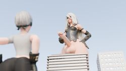 1boy 1futa 3d ass big_ass big_balls big_penis blindfold bottomless breasts city clothing erect_penis erection femboy futa_giantess futanari giantess huge_cock light-skinned_futanari light-skinned_male light_skin long_hair macro male nier nier:_automata penis short_hair size_difference trap typeninez white_hair yorha_9s yorha_a2