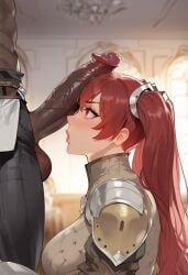 1boy 1girls ai_generated bedroom belt big_penis blush civitai closed_mouth cock_shock dark-skinned_male detailed_background female fire_emblem fire_emblem_awakening floox huge_cock interracial large_penis long_hair male medium_breasts nintendo penis penis_on_head precum red_eyes red_hair severa_(fire_emblem) shocked_expression thiccwithaq_(ai_style) twintails