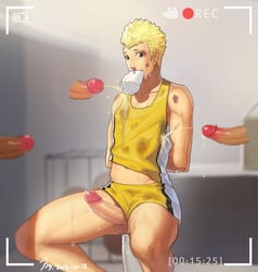 4boys blonde_hair bruised cum disembodied_penis erection humiliation male male/male male_focus megami_tensei multiple_boys peeing peeing_on_another penis persona persona_5 restrained ryuji_sakamoto shin_megami_tensei sitting solo_focus student sweat tears urinating urinating_male urination urine urine_splatter urine_stream yaoi