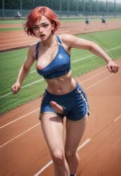 ai_generated futa_only futanari penis penis_slip red_hair running sportswear