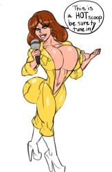 alternate_breast_size april_o'neil april_o'neil_(tmnt_1987) ass ass_bigger_than_head big_ass big_breasts blue_eyes boots breasts brown_hair heel_boots heels high_heel_boots high_heels huge_ass huge_breasts jumpsuit microphone questionable_anatomy sun1sol teenage_mutant_ninja_turtles white_boots white_heels yellow_jumpsuit