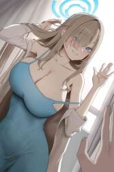 asuna_(blue_archive) asuna_(bunny)_(blue_archive) aureola big_breasts blonde_hair blue_archive blue_dress blue_eyes long_hair nexon_(company) smiling_at_viewer touching_hair waving