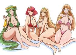 4girls bikini blonde_hair blue_eyes breasts circlet core_crystal earrings forehead_jewel goddess green_bikini green_eyes green_hair green_swimsuit kid_icarus kid_icarus_uprising large_breasts long_hair looking_at_viewer midriff milf mythra navel nintendo omiza_somi painted_fingernails painted_toenails palutena pink_bikini pink_swimsuit princess_zelda pyra red_bikini red_eyes red_hair red_swimsuit short_hair sitting swimsuit the_legend_of_zelda tiara triforce triforce_earrings vambraces white_bikini white_swimsuit xenoblade_(series) xenoblade_chronicles_2 yellow_eyes zelda_(a_link_between_worlds)