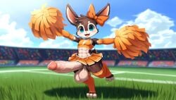 abs ai_generated anthro anthro_only big_eyes blue_eyes blush_lines brown_fur bunny bunny_ears bunny_tail casual casual_erection cheering cheerleader cheerleader_uniform cub cute elbow_gloves erection femboy feminine feminine_male football_field frilly_skirt hairbow looking_at_viewer male micro_skirt motion_lines moving muscular muscular_male nai_diffusion orange_clothing outdoors penis pom_poms skimpy small_but_hung small_but_hyper solo stadium thick_thighs thigh_highs thighhighs tight_clothing veiny_penis veiny_testicles wide_hips young