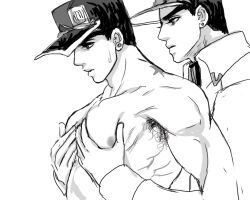 2boys armpit_hair chest_grab diamond_is_unbreakable dilf gay joestar_birthmark jojo's_bizarre_adventure jotaro_kujo male male/male male_only muscular_male selfcest yaoi