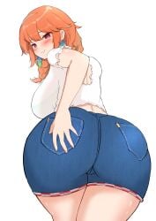 1girls ass ass_focus back_view big_ass blush breasts denim denim_shorts hand_on_butt hololive hololive_english hololive_myth looking_back orange_hair shorts solo suica_koubou takanashi_kiara thighs virtual_youtuber