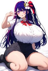 1st_to_die ai_generated alternate_breast_size bare_legs breasts_bigger_than_head gigantic_breasts hair_ornament hoshino_ai huge_breasts huge_thighs light-skinned_female light_skin long_hair looking_at_viewer massive_breasts miniskirt oshi_no_ko peace_sign purple_eyes purple_hair school_uniform schoolgirl shounen_jump+ side_ponytail smiling solo_female star_eyes thick_thighs thighs tongue_in_mouth voluptuous voluptuous_female