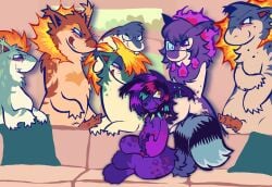 alternative_fashion anthro anthro_only canid canine cyndaquil freakfluff fur generation_2_pokemon generation_8_pokemon genitals group hi_res hisuian_form hisuian_typhlosion male mammal meme nintendo penile_spines penis piper_perri_surrounded pokemon pokemon_(species) purple_body purple_fur quilava regional_form_(pokemon) scene_(fashion) scene_haircut sparklefur typhlosion