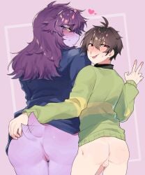 1boy 1girls abstract_background anus ass ass_focus ass_grab bigger_female bisexual blue_jacket blush blushing_at_viewer both_sexes_in_same_situation bottomless deltarune female female_anthro femboy grabbing_ass green_sweater hair_over_eyes heart horny horny_female horny_male jacket kris_(deltarune) long_hair looking_at_viewer looking_back male male_human male_human/female_anthro monster_girl no_panties no_pants no_underwear penis pink_background purple_body purple_eyes purple_skin pussy red_eyes scalie scalie_female scalie_humanoid shaded small_tail smaller_human smaller_male snout ss_komu sticking_out_tongue susie_(deltarune) sweater tagme tail tail_wagging taller_female taller_girl teasing_viewer tomboy tongue_out twink undertale_(series) v v_sign yellow_sclera