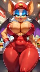 ai_generated anthro areolae bat big_breasts big_hips burger cap fast_food_uniform looking_at_viewer membranous_wings mobian_(species) nipples_visible_through_clothing rouge_the_bat sega sonic_(series) sonic_the_hedgehog_(series) tagme white_hair