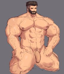 balls bara beard facial_hair flaccid male male_only muscles muscular muscular_male nintendo nude penis pokemon professor_turo saturn297 solo solo_male