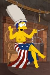 1girls accurate_art_style american_flag blue_hair breasts breasts_out chair feet female female_only fire_place gp375 hat human indoors looking_at_viewer marge_simpson nipples open_mouth sewing solo solo_female the_simpsons waving_at_viewer yellow_body yellow_skin